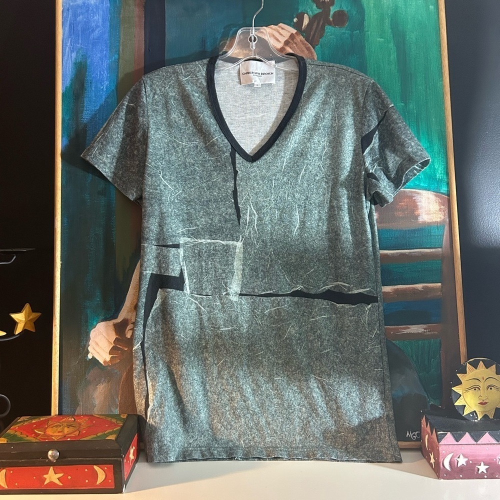 Christoph Broich Gray Green V-Neck Short Sleeve Tee Artsy